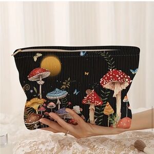 Large Mushroom Print Corduroy Cosmetic Bag